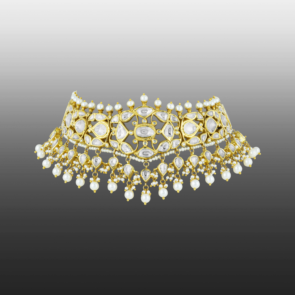 Polki Lattice Choker with Gold Framing & Pearl Cascades